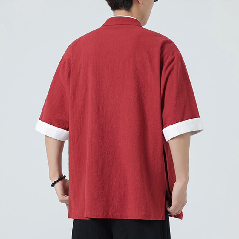 Camisa de lino y algodón de media manga para hombre, diseño vintage de primavera con cuello y tapeta inclinada, con estampado de Buddha Stones - image 32