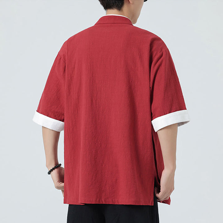 Camisa de lino y algodón de media manga para hombre, diseño vintage de primavera con cuello y tapeta inclinada, con estampado de Buddha Stones - image 32