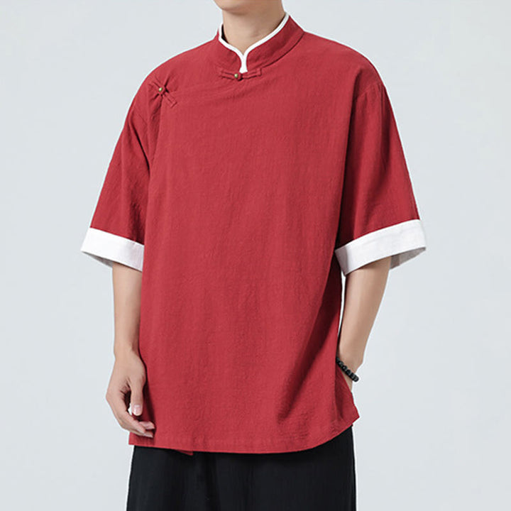 Camisa de lino y algodón de media manga para hombre, diseño vintage de primavera con cuello y tapeta inclinada, con estampado de Buddha Stones - image 31