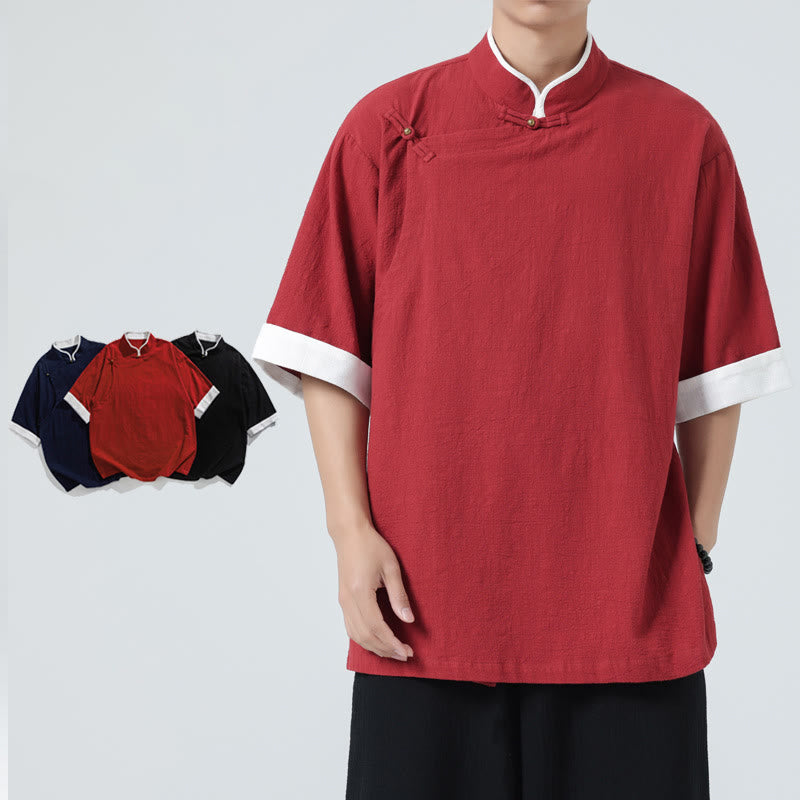 Camisa de lino y algodón de media manga para hombre, diseño vintage de primavera con cuello y tapeta inclinada, con estampado de Buddha Stones - Carmesí - US/UK/AU46, EU56 (5XL) - image 24