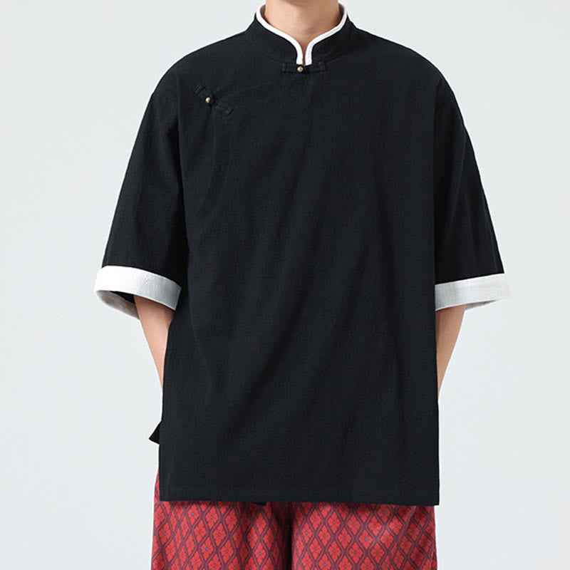 Camisa de lino y algodón de media manga para hombre, diseño vintage de primavera con cuello y tapeta inclinada, con estampado de Buddha Stones - image 16