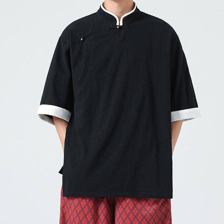 Camisa de lino y algodón de media manga para hombre, diseño vintage de primavera con cuello y tapeta inclinada, con estampado de Buddha Stones - image 16