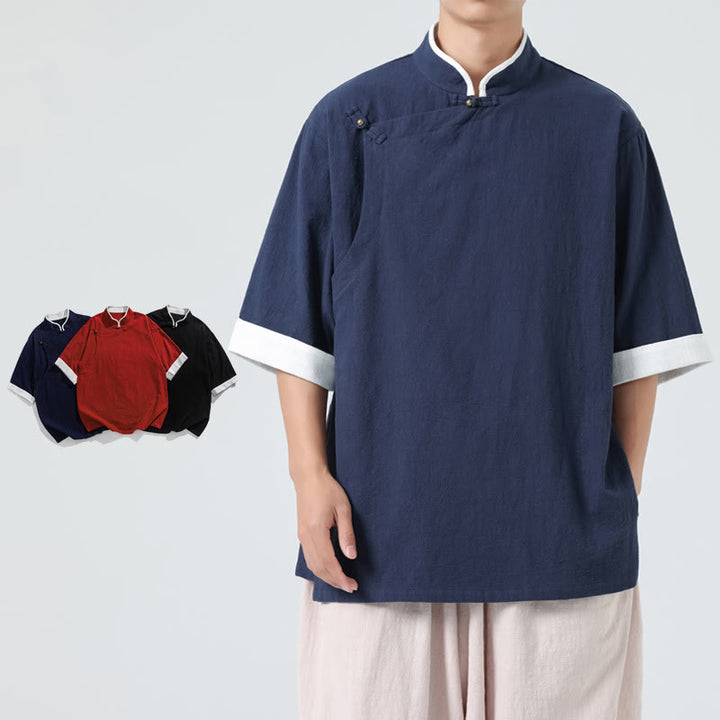 Camisa de lino y algodón de media manga para hombre, diseño vintage de primavera con cuello y tapeta inclinada, con estampado de Buddha Stones - image 8