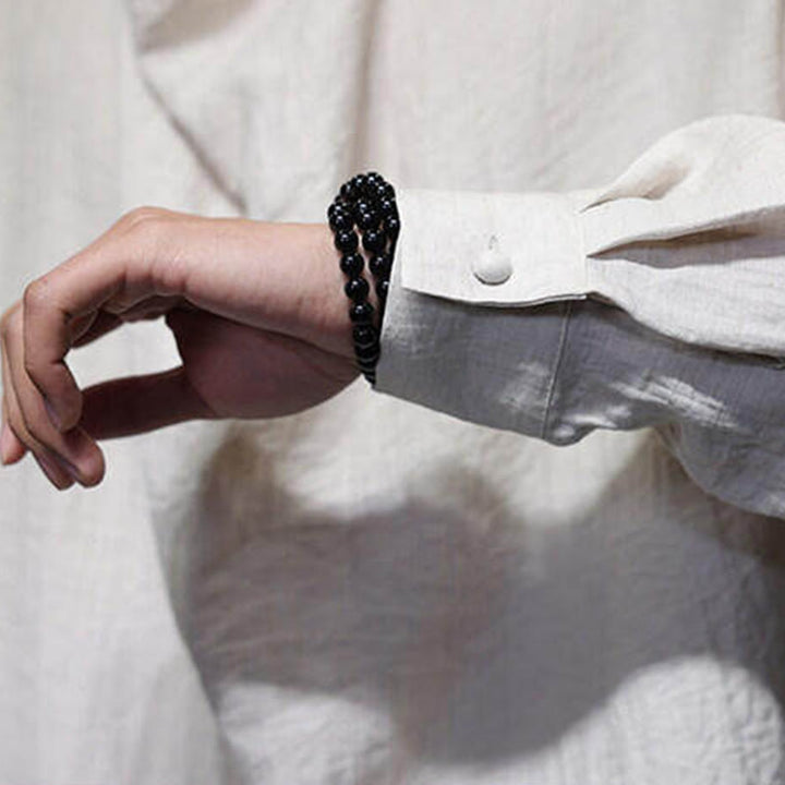 Camisa de lino de manga larga para hombre, traje Tang con cuello alto plisado, color liso, con Buddha Stones , primavera - image 24