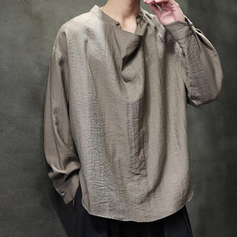 Camisa de lino de manga larga para hombre, traje Tang con cuello alto plisado, color liso, con Buddha Stones , primavera - image 6