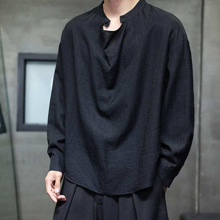 Camisa de lino de manga larga para hombre, traje Tang con cuello alto plisado, color liso, con Buddha Stones , primavera - Negro - US/UK/AU46, EU56 (5XL) - image 8