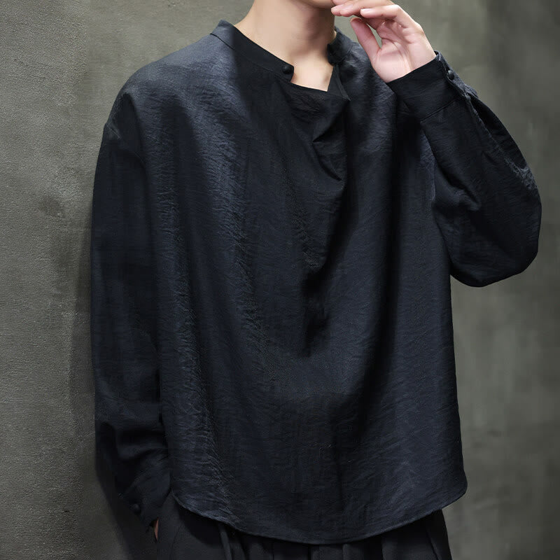 Camisa de lino de manga larga para hombre, traje Tang con cuello alto plisado, color liso, con Buddha Stones , primavera - image 13