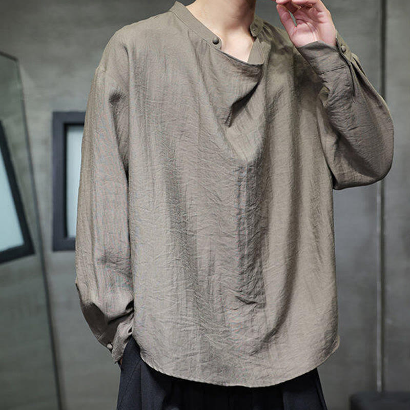 Camisa de lino de manga larga para hombre, traje Tang con cuello alto plisado, color liso, con Buddha Stones , primavera - image 1