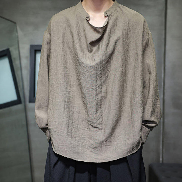 Camisa de lino de manga larga para hombre, traje Tang con cuello alto plisado, color liso, con Buddha Stones , primavera - Caqui oscuro - US/UK/AU46, EU56 (5XL) - image 0