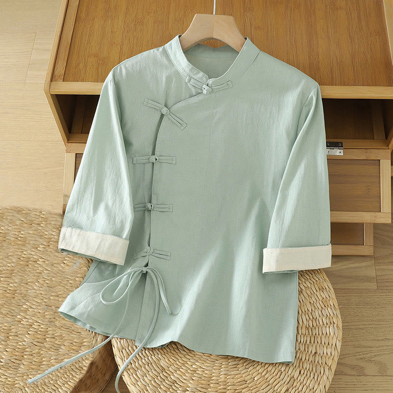 Buddha Stones Camisa de algodón para mujer, estilo vintage, informal, con botones de rana chinos, con cordones y diseño de patchwork - Aguamarina - US8-10，UK/AU12-14，EU40-42 (2XL) - image 0