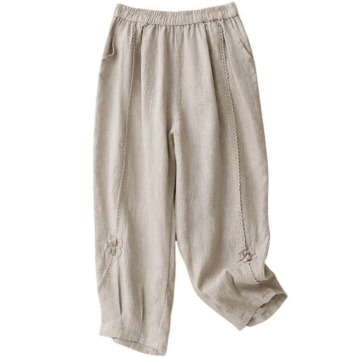 Pantalones de lino y algodón con cintura alta y bolsillos para mujer, con botones de rana y encaje de Buddha Stones Summer - image 8