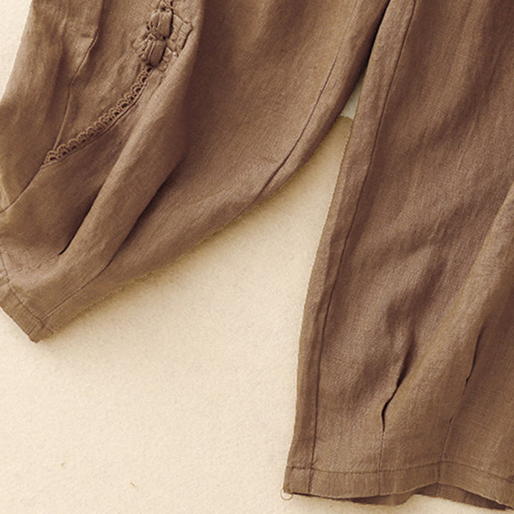 Pantalones de lino y algodón con cintura alta y bolsillos para mujer, con botones de rana y encaje de Buddha Stones Summer - image 17