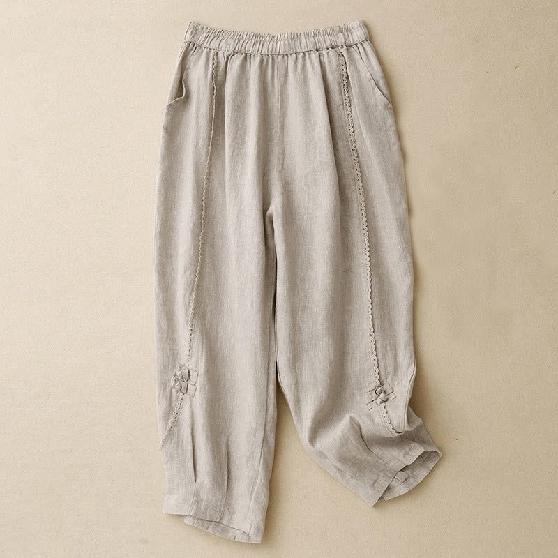 Pantalones de lino y algodón con cintura alta y bolsillos para mujer, con botones de rana y encaje de Buddha Stones Summer - Lino - US8-10，UK/AU12-14，EU40-42 (2XL) - image 0