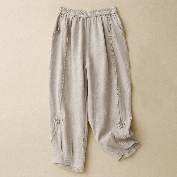 Pantalones de lino y algodón con cintura alta y bolsillos para mujer, con botones de rana y encaje de Buddha Stones Summer - Lino - US8-10，UK/AU12-14，EU40-42 (2XL) - image 0