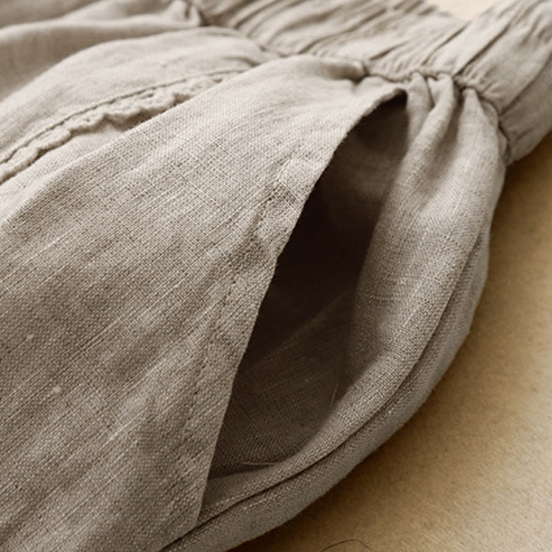 Pantalones de lino y algodón con cintura alta y bolsillos para mujer, con botones de rana y encaje de Buddha Stones Summer - image 4