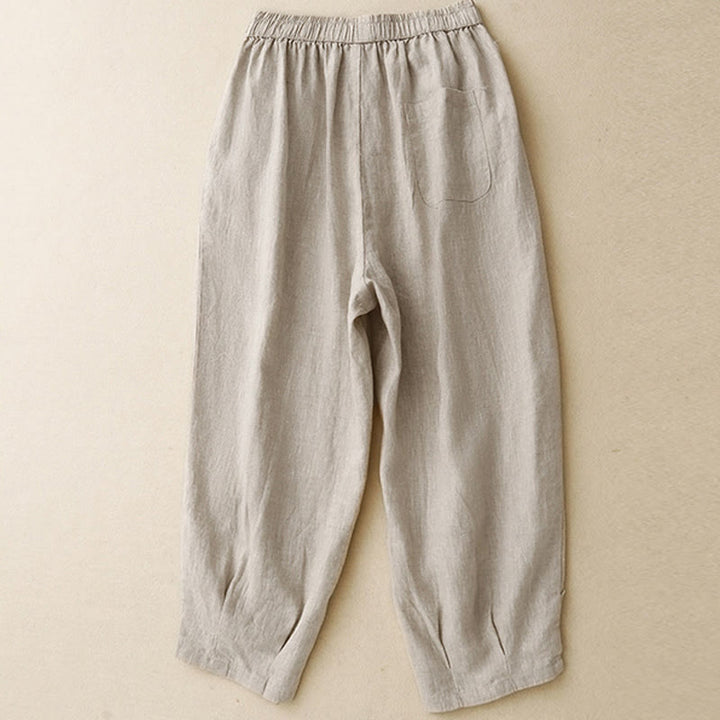 Pantalones de lino y algodón con cintura alta y bolsillos para mujer, con botones de rana y encaje de Buddha Stones Summer - image 1