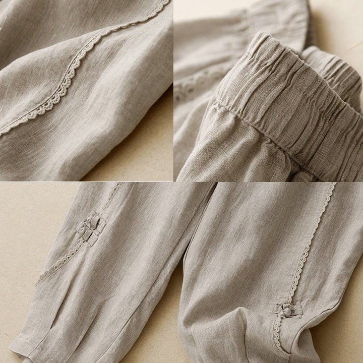 Pantalones de lino y algodón con cintura alta y bolsillos para mujer, con botones de rana y encaje de Buddha Stones Summer - image 7