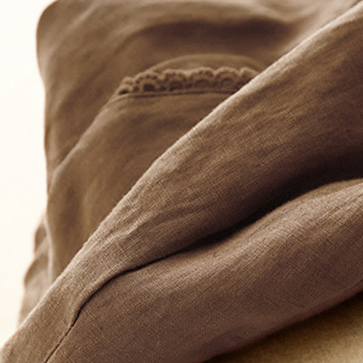 Pantalones de lino y algodón con cintura alta y bolsillos para mujer, con botones de rana y encaje de Buddha Stones Summer - image 16