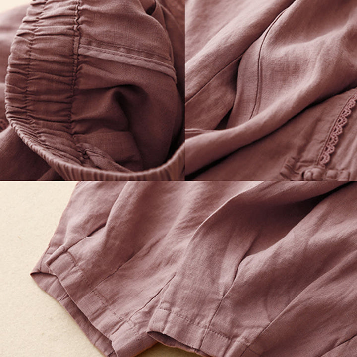 Pantalones de lino y algodón con cintura alta y bolsillos para mujer, con botones de rana y encaje de Buddha Stones Summer - image 11