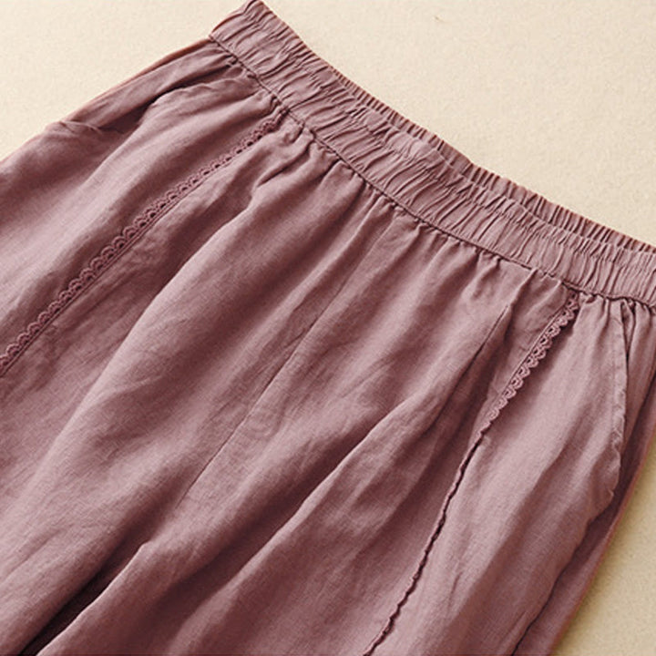 Pantalones de lino y algodón con cintura alta y bolsillos para mujer, con botones de rana y encaje de Buddha Stones Summer - image 10