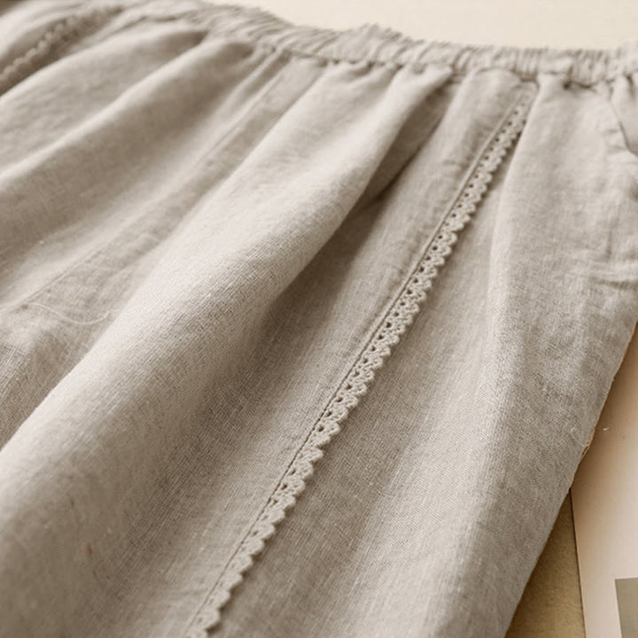 Pantalones de lino y algodón con cintura alta y bolsillos para mujer, con botones de rana y encaje de Buddha Stones Summer - image 3