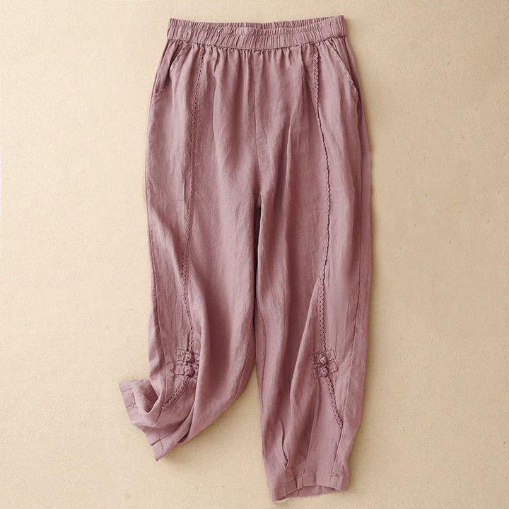 Pantalones de lino y algodón con cintura alta y bolsillos para mujer, con botones de rana y encaje de Buddha Stones Summer - Rojo violeta pálido - US8-10，UK/AU12-14，EU40-42 (2XL) - image 9