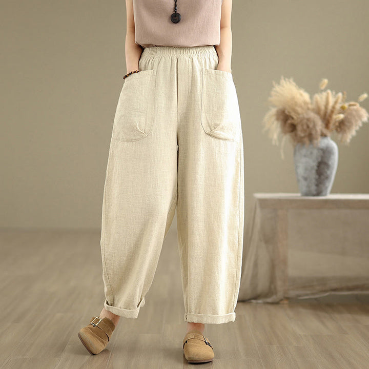 Pantalones Buddha Stones de lino y algodón para mujer, informales, de uso diario, con diseño sencillo y liso, con bolsillos - Beige - US8-10，UK/AU12-14，EU40-42 (2XL) - image 0
