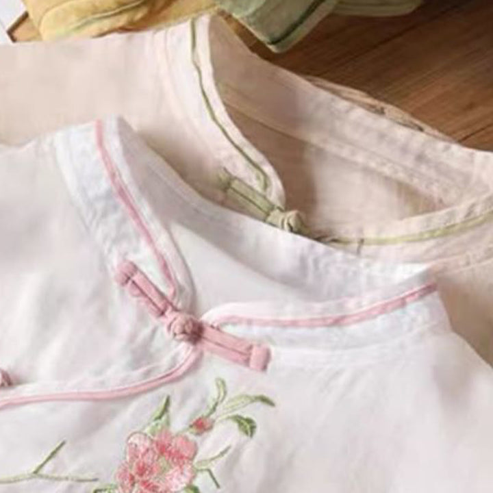 Camisa de lino y algodón para mujer, estilo casual, vintage, con bordado de flores y botones de rana china, cuello redondo - image 11