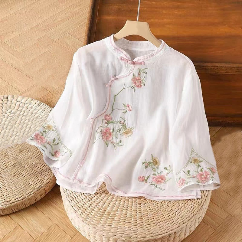 Camisa de lino y algodón para mujer, estilo casual, vintage, con bordado de flores y botones de rana china, cuello redondo - Blanco - US12, UK/AU16, EU44 (3XL) - image 2