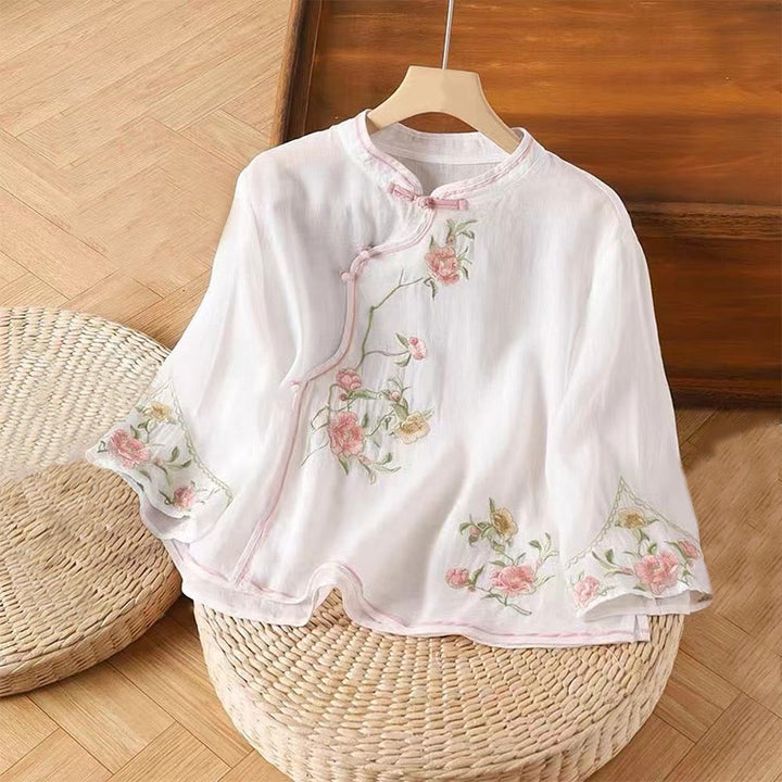 Camisa de lino y algodón para mujer, estilo casual, vintage, con bordado de flores y botones de rana china, cuello redondo - Blanco - US12, UK/AU16, EU44 (3XL) - image 2