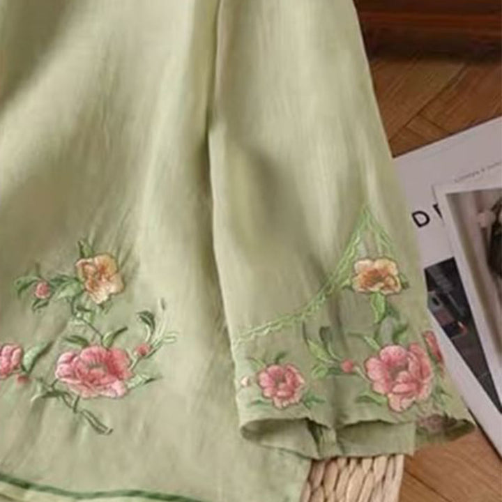 Camisa de lino y algodón para mujer, estilo casual, vintage, con bordado de flores y botones de rana china, cuello redondo - image 6