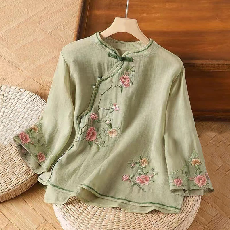 Camisa de lino y algodón para mujer, estilo casual, vintage, con bordado de flores y botones de rana china, cuello redondo - Verde claro - US12, UK/AU16, EU44 (3XL) - image 5