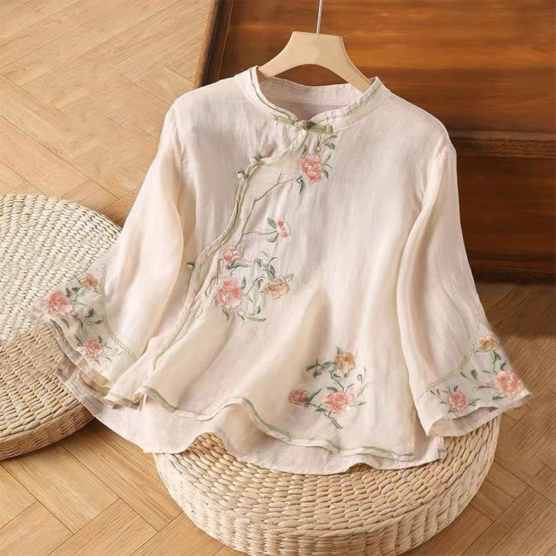 Camisa de lino y algodón para mujer, estilo casual, vintage, con bordado de flores y botones de rana china, cuello redondo - Rosa Misty - US12, UK/AU16, EU44 (3XL) - image 0