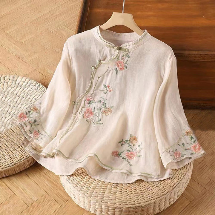 Camisa de lino y algodón para mujer, estilo casual, vintage, con bordado de flores y botones de rana china, cuello redondo - Rosa Misty - US12, UK/AU16, EU44 (3XL) - image 0