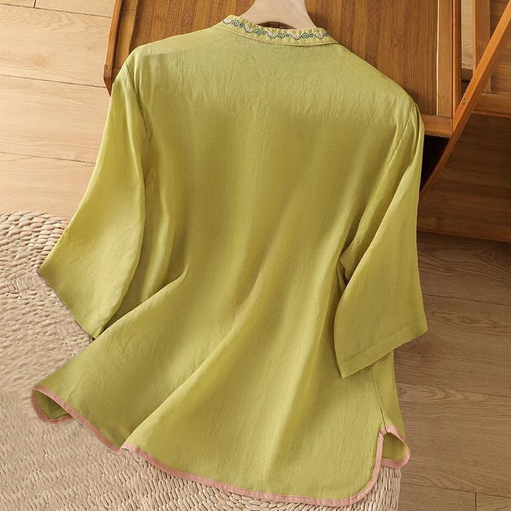 Camisa de Buddha Stones y algodón para mujer, estilo étnico informal, con bordado de flores y botones de rana, cuello alto - image 7