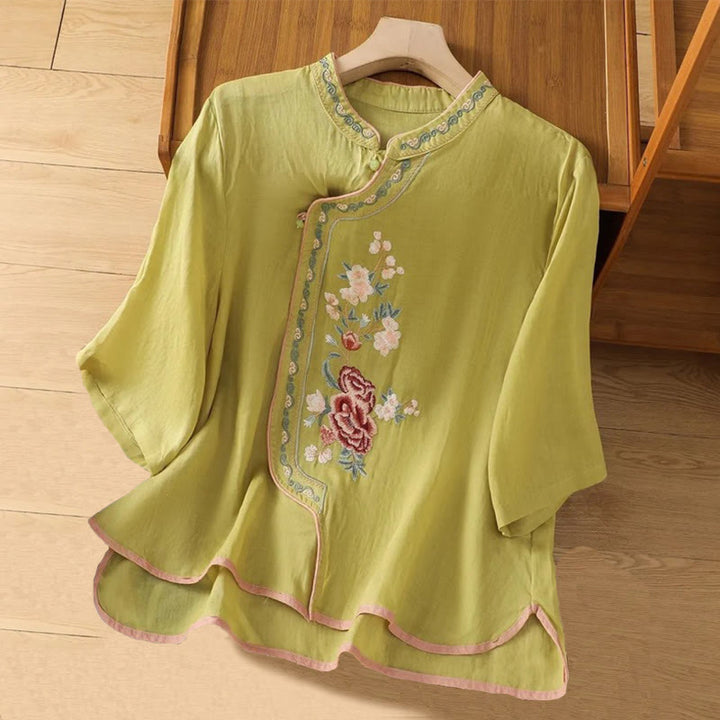 Camisa de Buddha Stones y algodón para mujer, estilo étnico informal, con bordado de flores y botones de rana, cuello alto - Verde amarillento - US14, UK/AU18, EU46 (4XL) - image 6