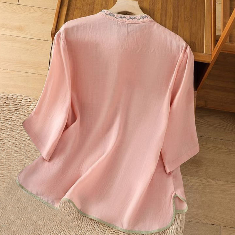 Camisa de Buddha Stones y algodón para mujer, estilo étnico informal, con bordado de flores y botones de rana, cuello alto - image 3