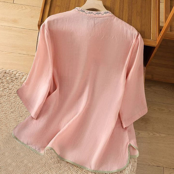 Camisa de Buddha Stones y algodón para mujer, estilo étnico informal, con bordado de flores y botones de rana, cuello alto - image 3