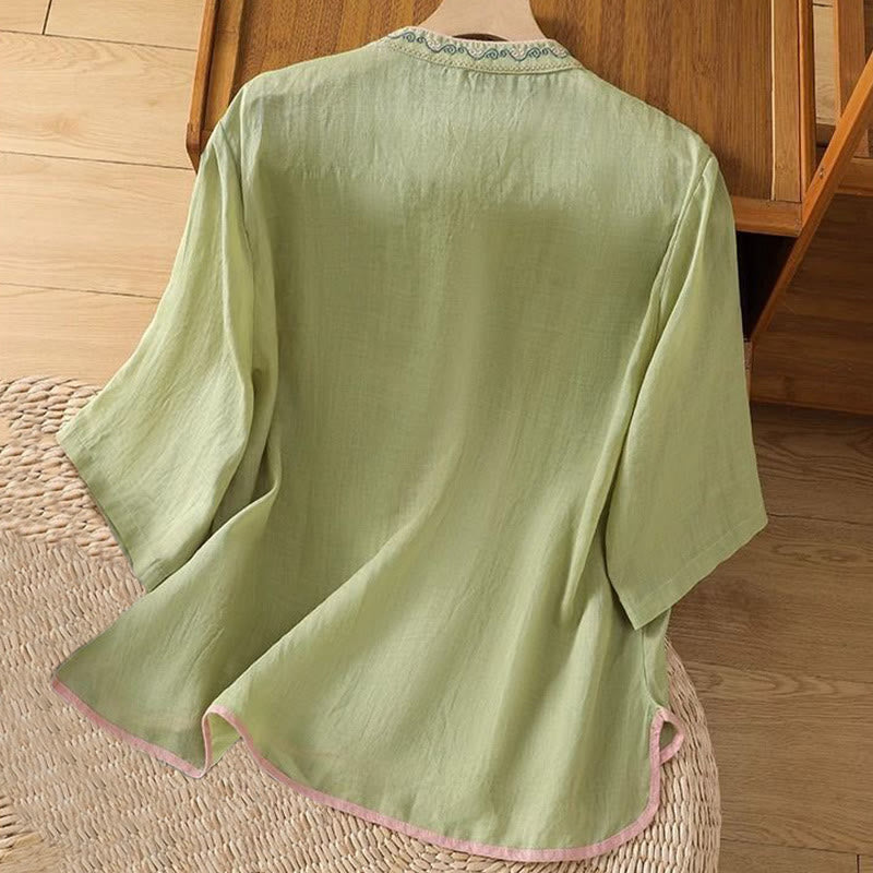 Camisa de Buddha Stones y algodón para mujer, estilo étnico informal, con bordado de flores y botones de rana, cuello alto - image 1