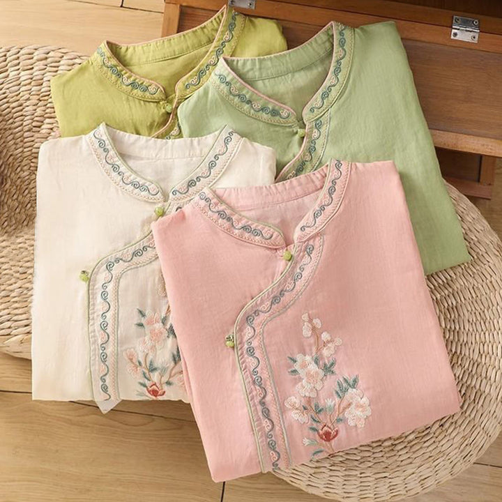 Camisa de Buddha Stones y algodón para mujer, estilo étnico informal, con bordado de flores y botones de rana, cuello alto - image 9