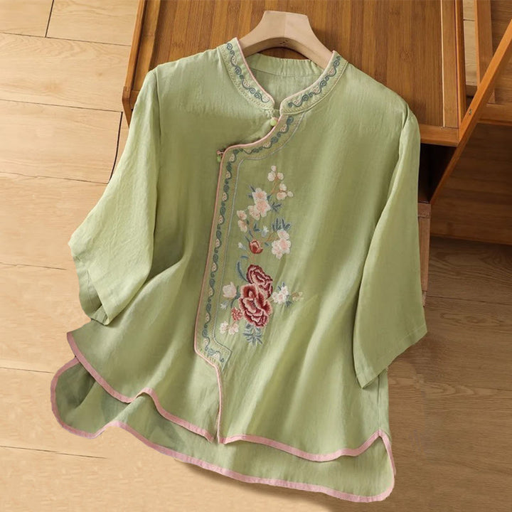 Camisa de Buddha Stones y algodón para mujer, estilo étnico informal, con bordado de flores y botones de rana, cuello alto - Verde claro - US14, UK/AU18, EU46 (4XL) - image 0