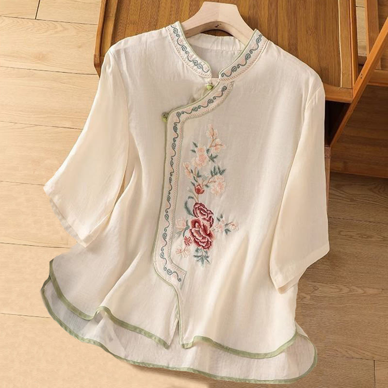 Camisa de Buddha Stones y algodón para mujer, estilo étnico informal, con bordado de flores y botones de rana, cuello alto - Beige - US14, UK/AU18, EU46 (4XL) - image 4