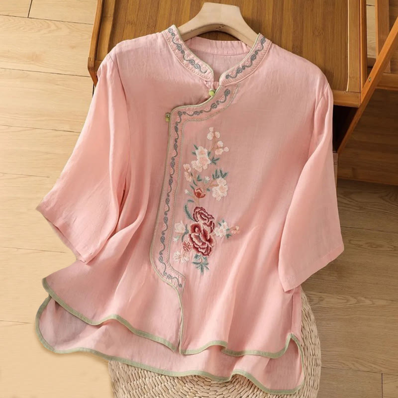 Camisa de Buddha Stones y algodón para mujer, estilo étnico informal, con bordado de flores y botones de rana, cuello alto - rosa claro - US14, UK/AU18, EU46 (4XL) - image 2