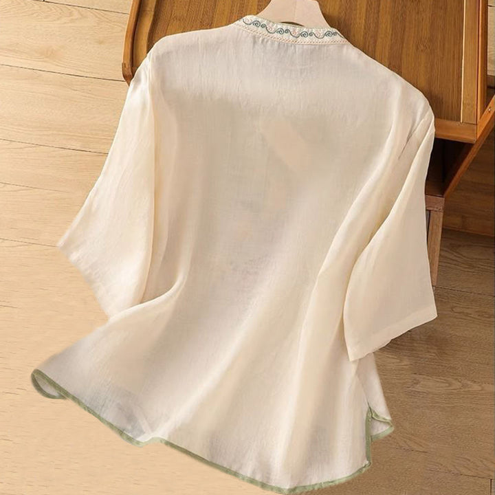 Camisa de Buddha Stones y algodón para mujer, estilo étnico informal, con bordado de flores y botones de rana, cuello alto - image 5