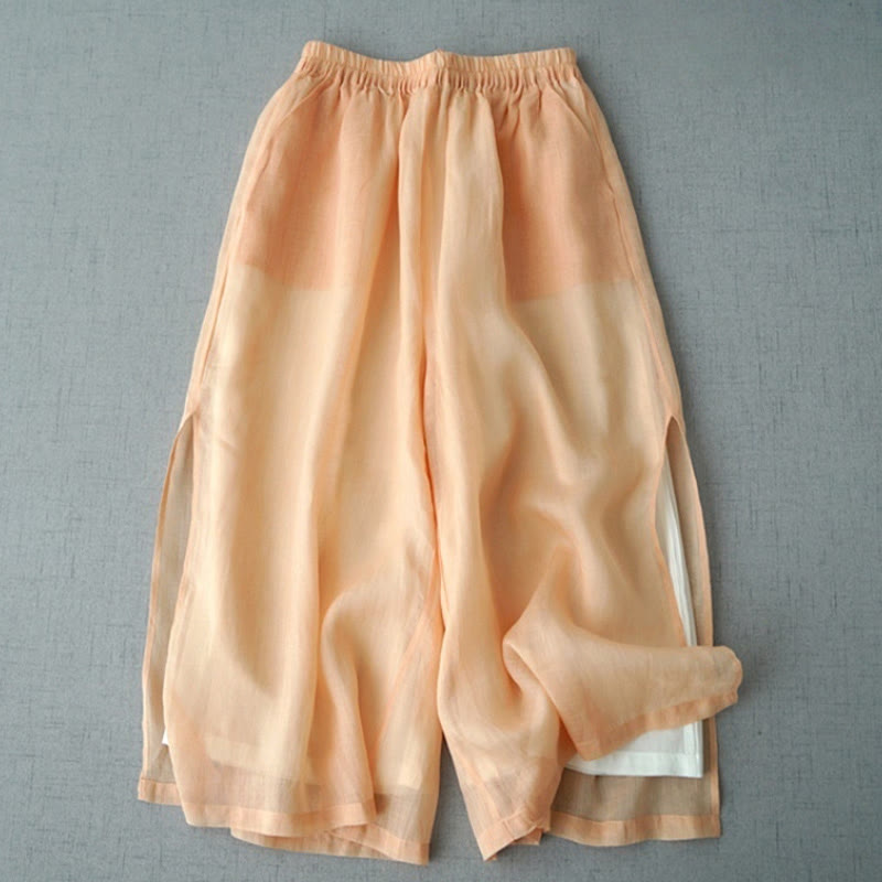 Pantalones casuales de pierna ancha con abertura de ramio, lisos y bolsillos, de Buddha Stones, para mujer, de largo 7-8