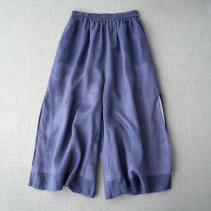 Pantalones casuales de pierna ancha con abertura de ramio, lisos y bolsillos, de Buddha Stones, para mujer, de largo 7-8