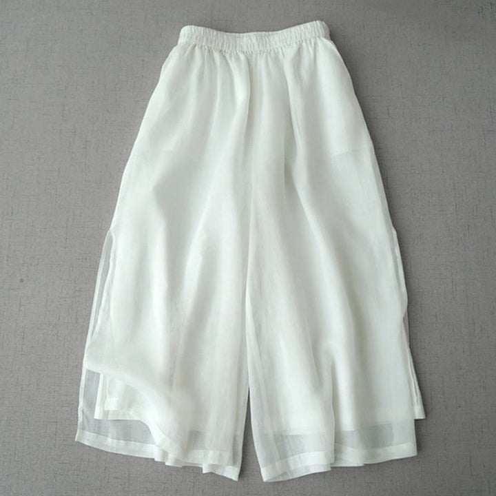 Pantalones casuales de pierna ancha con abertura de ramio, lisos y bolsillos, de Buddha Stones, para mujer, de largo 7-8