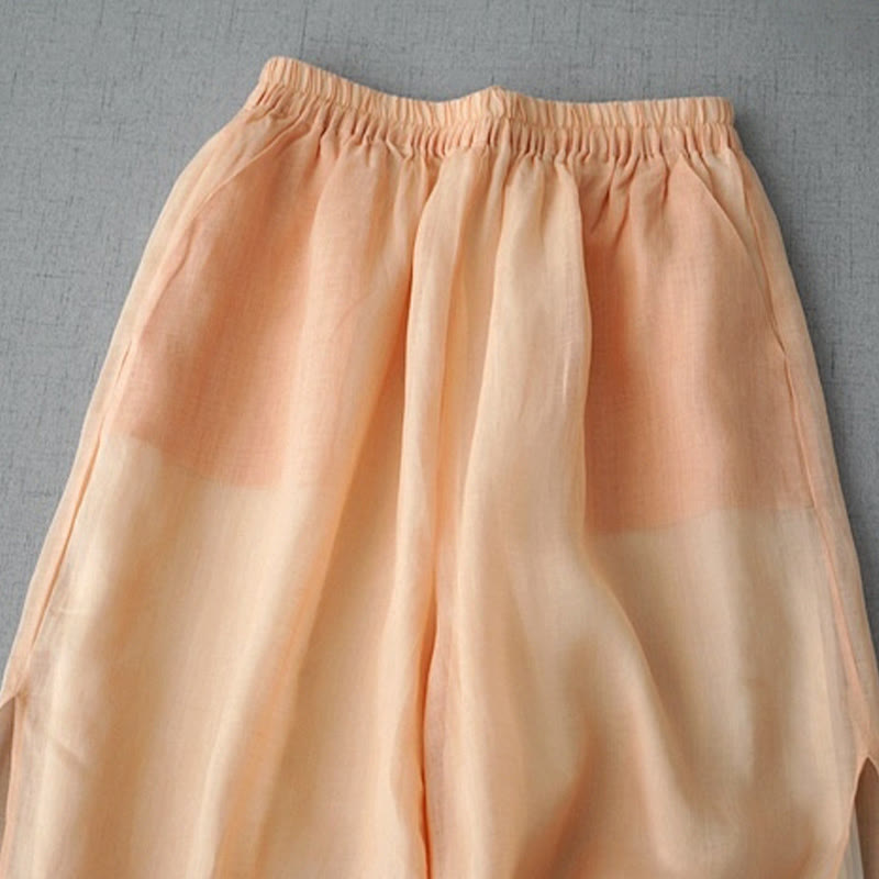 Pantalones casuales de pierna ancha con abertura de ramio, lisos y bolsillos, de Buddha Stones, para mujer, de largo 7-8