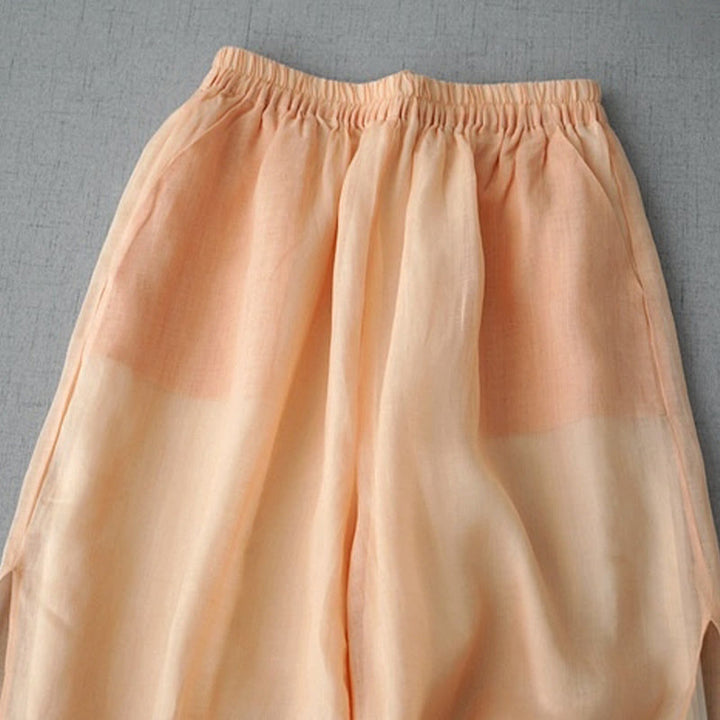 Pantalones casuales de pierna ancha con abertura de ramio, lisos y bolsillos, de Buddha Stones, para mujer, de largo 7-8