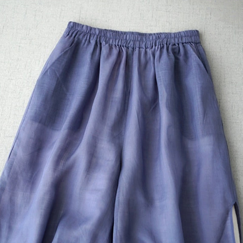 Pantalones casuales de pierna ancha con abertura de ramio, lisos y bolsillos, de Buddha Stones, para mujer, de largo 7-8 - image 1